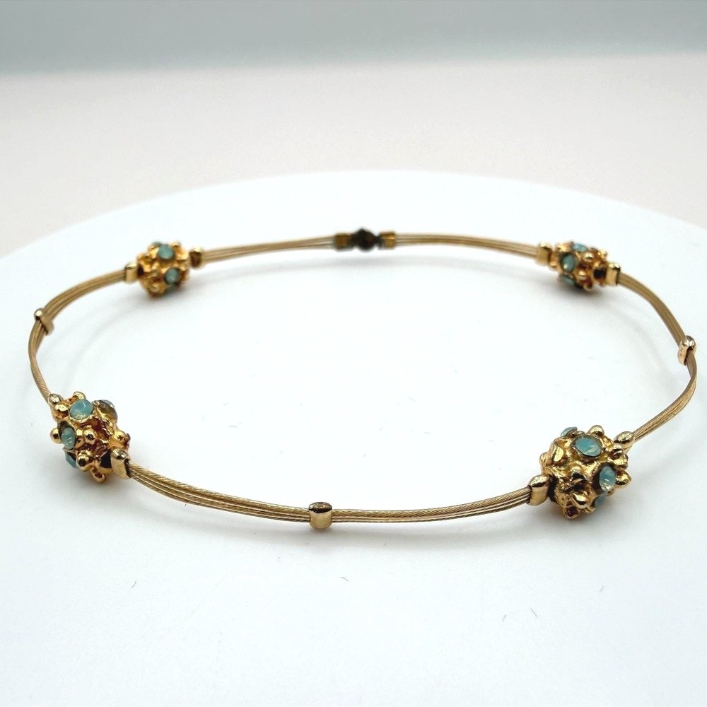 Vintage 80s Turquoise Opal Bracelet Gold Tone Flexible Wire Artisan Jewelry Boho
